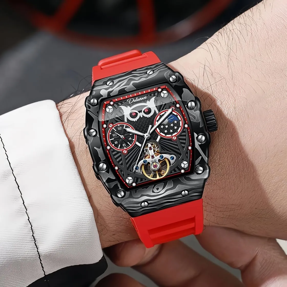 Skeleton Mechanical Watches Tourbillon Automatic Watch for Men Luxury Waterproof Luminous Moon Phase Tonneau Dial Wristwatches