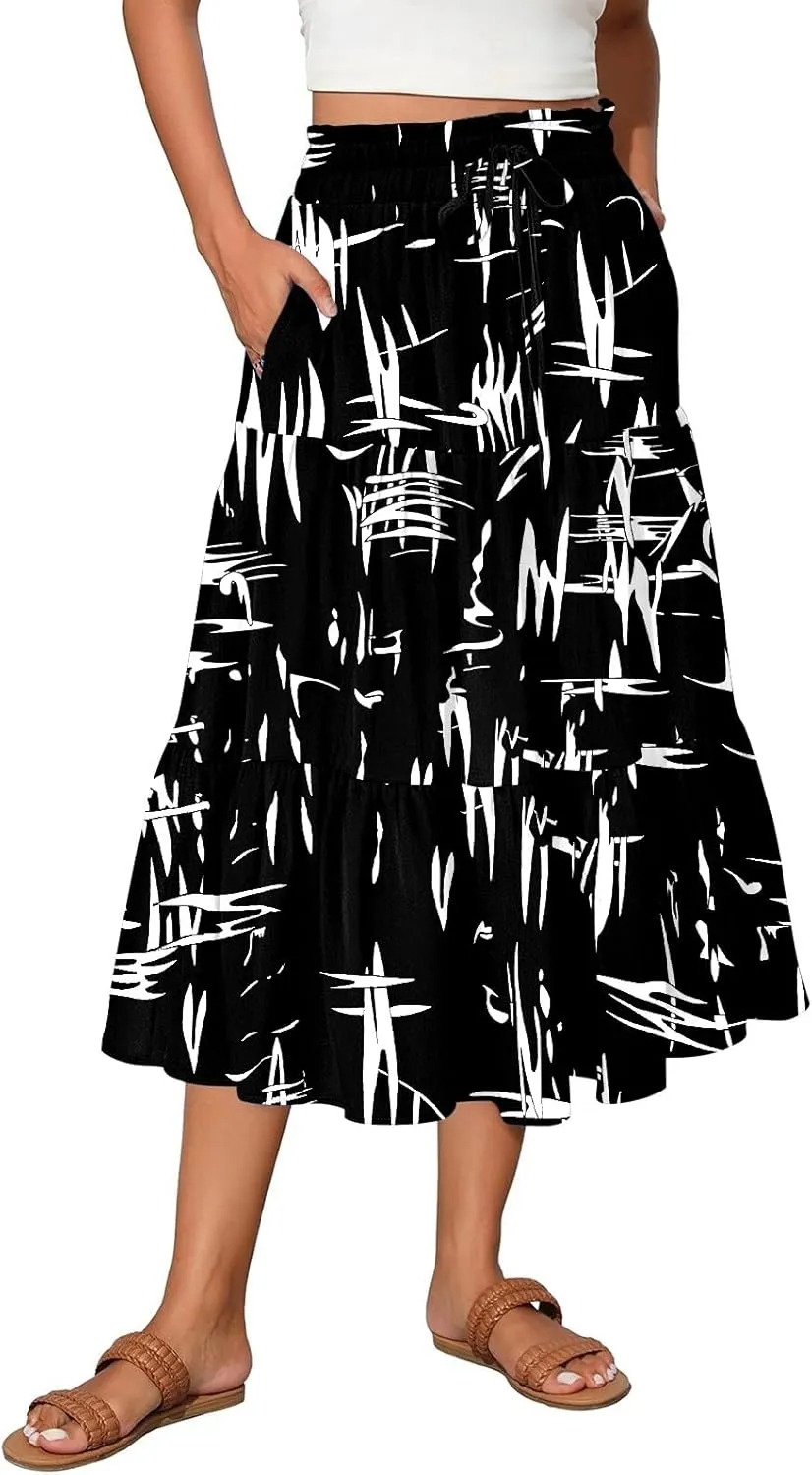 Skirts for Women Summer Plus Size Midi Knee Length Skirt Floral Boho Flowy Pleated Tiered A-Line Skirts with Pockets