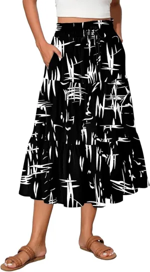 Skirts for Women Summer Plus Size Midi Knee Length Skirt Floral Boho Flowy Pleated Tiered A-Line Skirts with Pockets