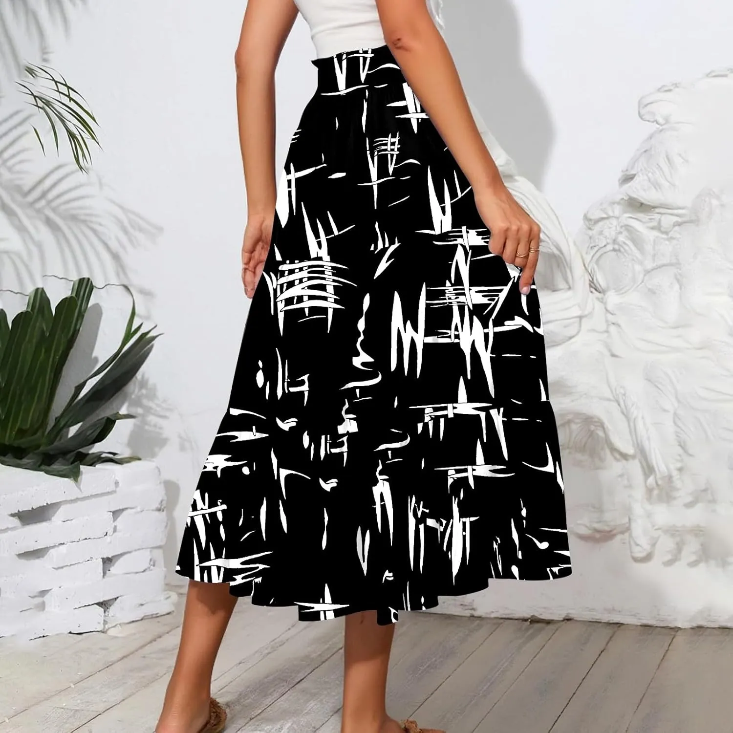 Skirts for Women Summer Plus Size Midi Knee Length Skirt Floral Boho Flowy Pleated Tiered A-Line Skirts with Pockets