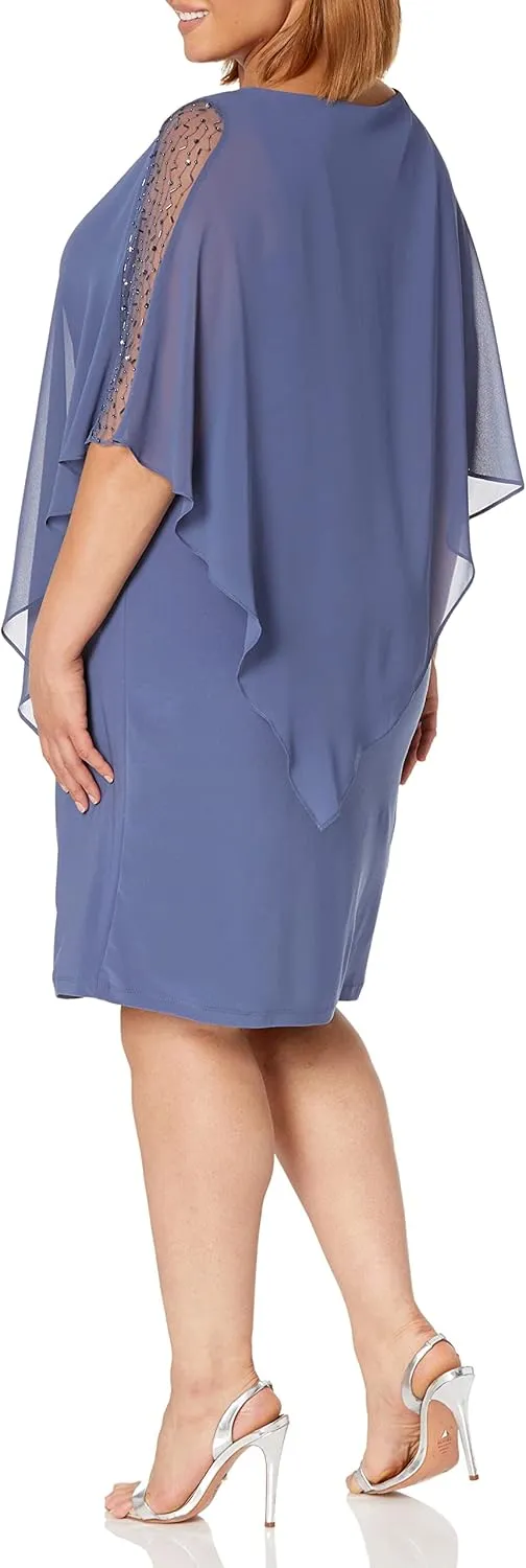 S.L. Fashions Women's Plus Size Short Sheath Caplet Gown with Asymmetric Overlay, Mother of The Bride Dress