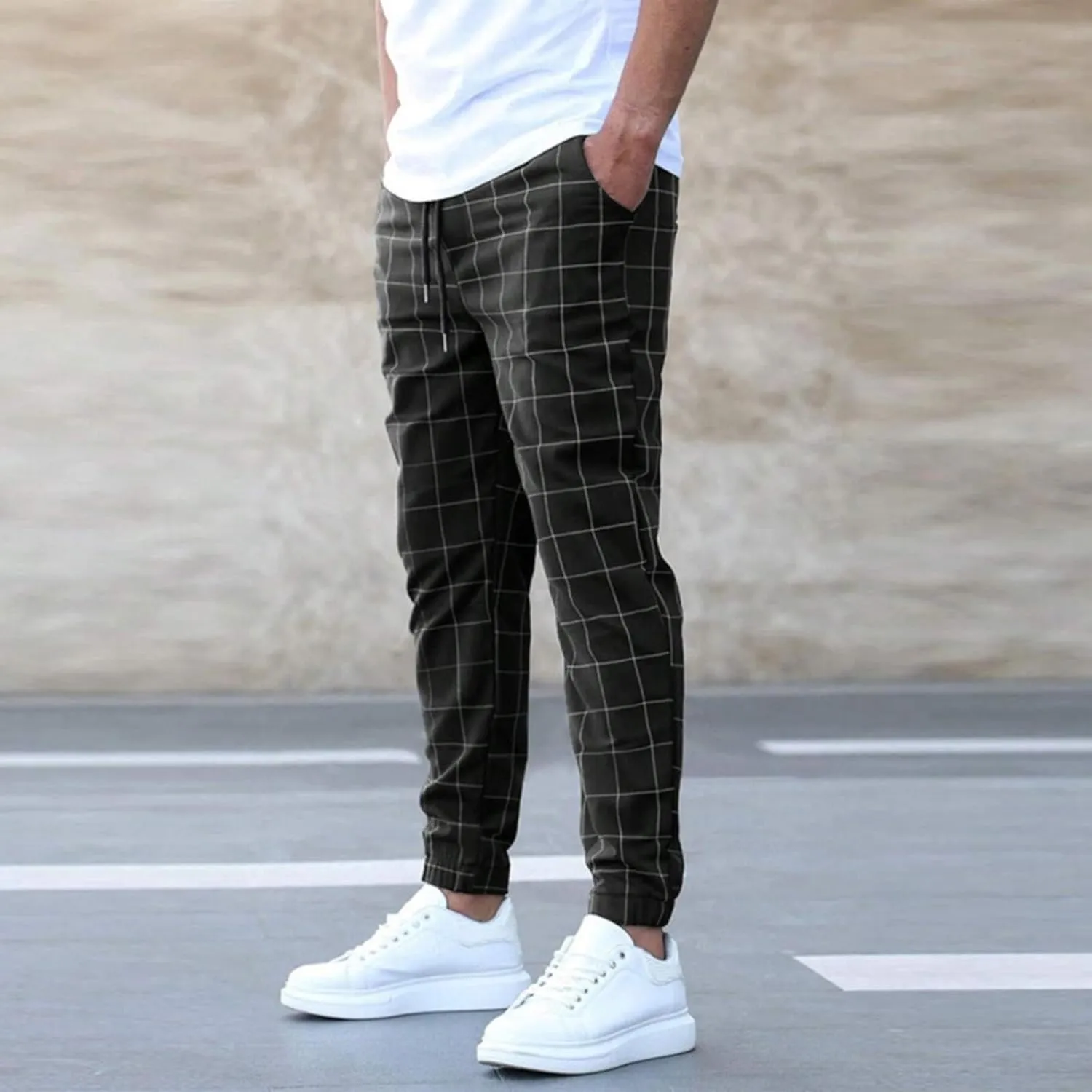 Slim Fit Plaid Chino Pants for Men Flat-Front Stretch Dress Pants Business Pencil Suit Pant Casual Skinny Golf Pant