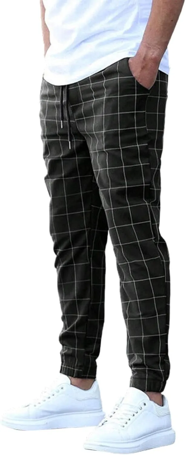 Slim Fit Plaid Chino Pants for Men Flat-Front Stretch Dress Pants Business Pencil Suit Pant Casual Skinny Golf Pant