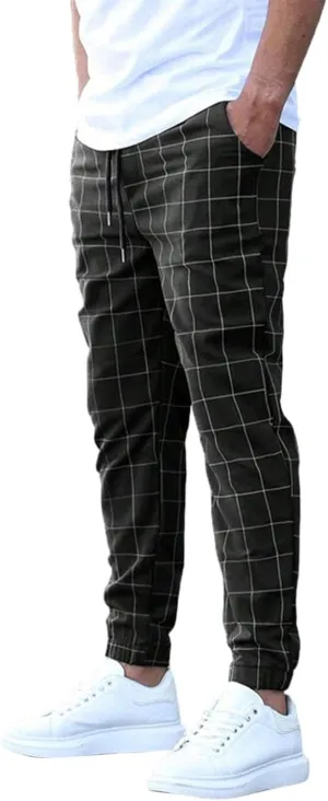 Slim Fit Plaid Chino Pants for Men Flat-Front Stretch Dress Pants Business Pencil Suit Pant Casual Skinny Golf Pant