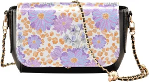 Small Purple Orange Flowers Crossbody Bags for Women, Trendy Small Shoulder Bag, PU Leather Clutch Purse Underarm Handbag Satchel HandBag with Adjustable Metal Chain