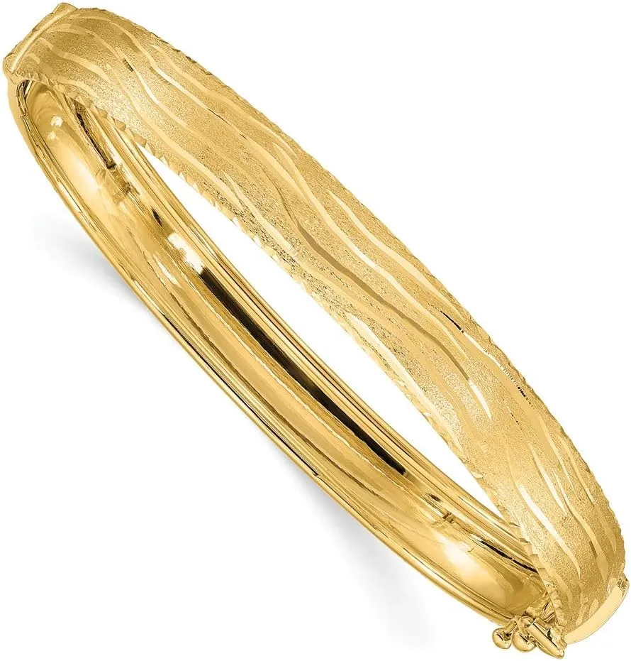 Solid 14k Yellow Gold Diamond-Cut Textured Hinged Bangle Cuff Bracelet 5/16 7.1" (Width = 8mm)
