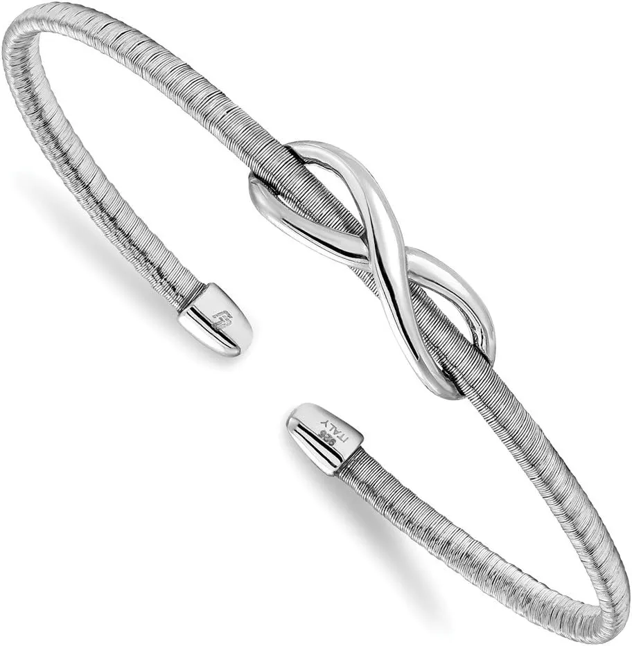 Solid 925 Sterling Silver and Textured Infinity Love Knot Symbol Cuff Bangle Bracelet