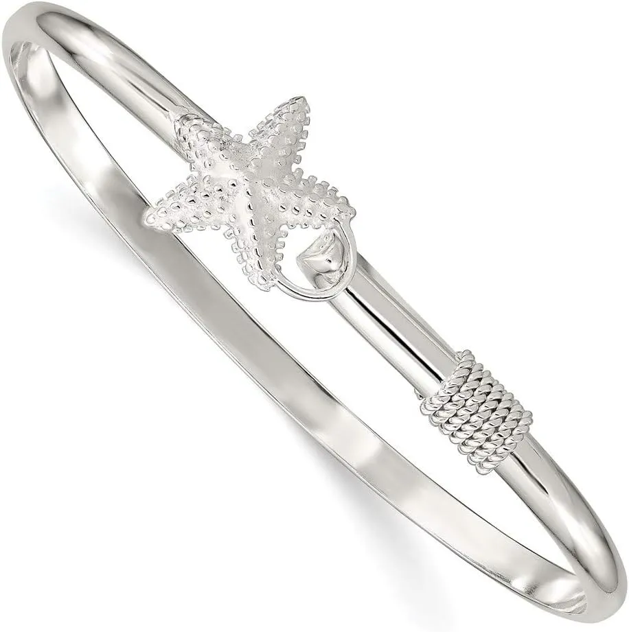 Solid 925 Sterling Silver and Textured Starfish Bangle Cuff Bracelet (Width = 36mm)