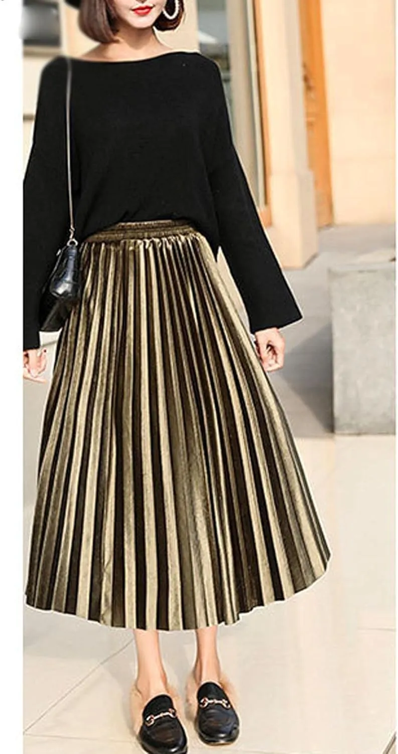 SOMTHRON Women's Plus Size High Waist Elastic Pleated Skirts Velvet Velour A Line Accordion Swing Midi Long Skirt