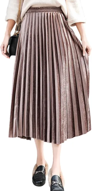 SOMTHRON Women's Plus Size High Waist Elastic Pleated Skirts Velvet Velour A Line Accordion Swing Midi Long Skirt