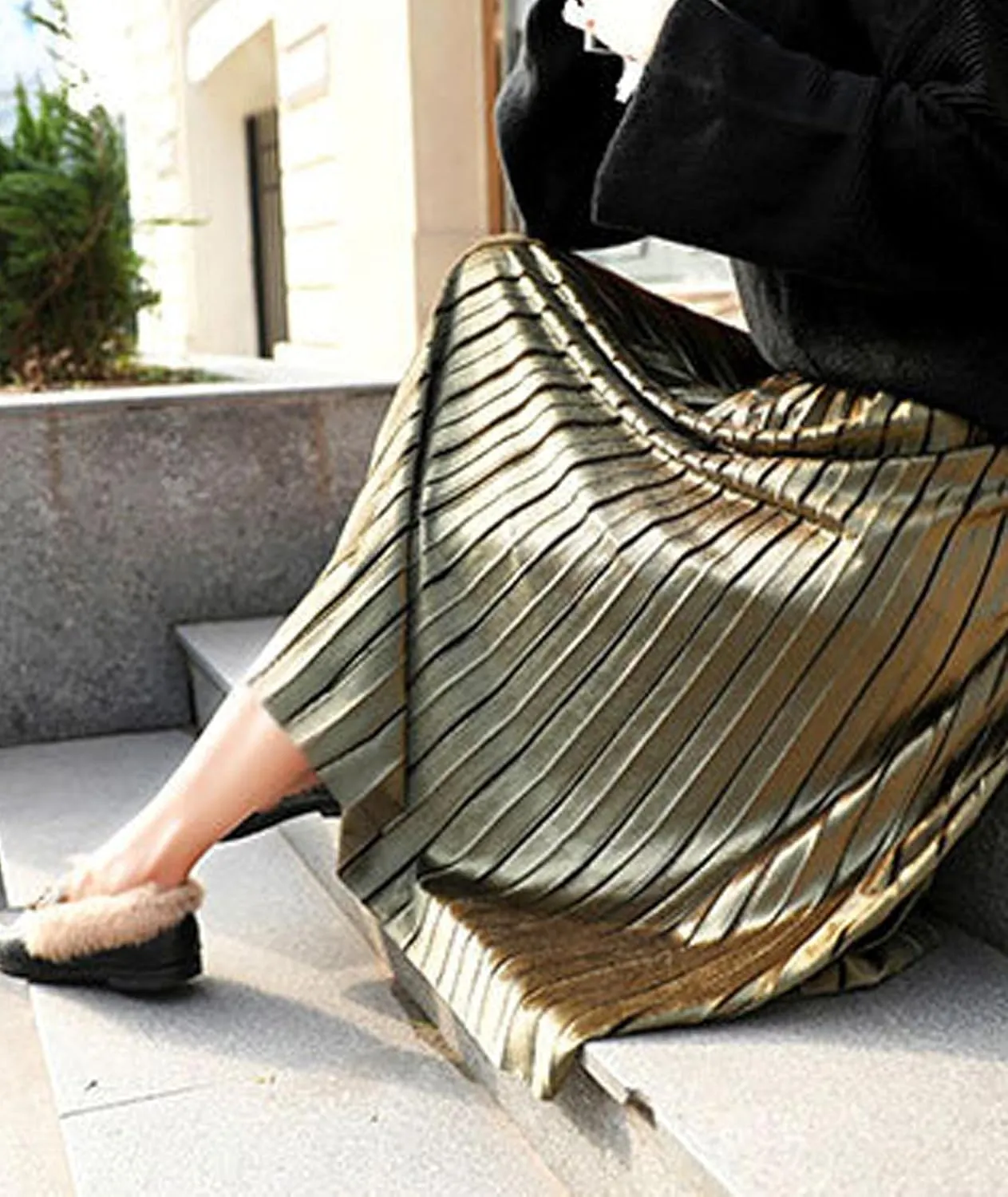 SOMTHRON Women's Plus Size High Waist Elastic Pleated Skirts Velvet Velour A Line Accordion Swing Midi Long Skirt