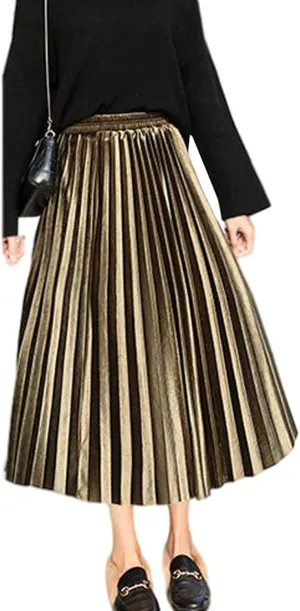 SOMTHRON Women's Plus Size High Waist Elastic Pleated Skirts Velvet Velour A Line Accordion Swing Midi Long Skirt