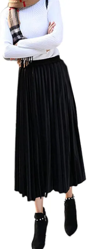 SOMTHRON Women's Plus Size High Waist Elastic Pleated Skirts Velvet Velour A Line Accordion Swing Midi Long Skirt