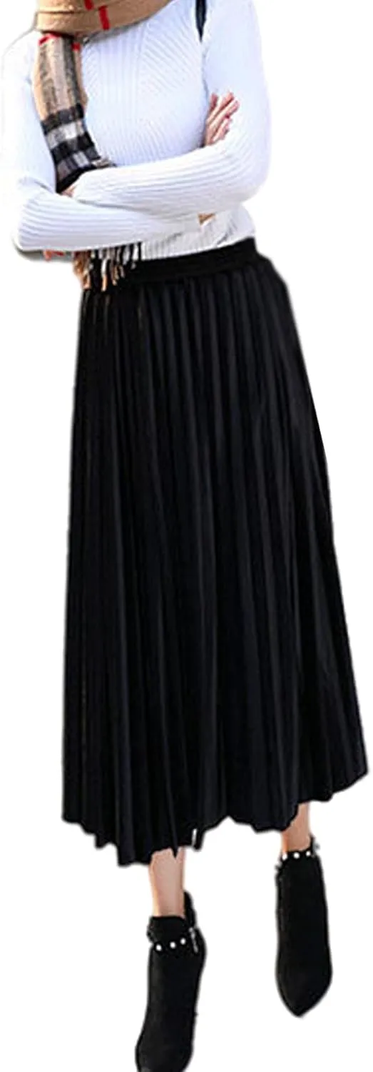 SOMTHRON Women's Plus Size High Waist Elastic Pleated Skirts Velvet Velour A Line Accordion Swing Midi Long Skirt