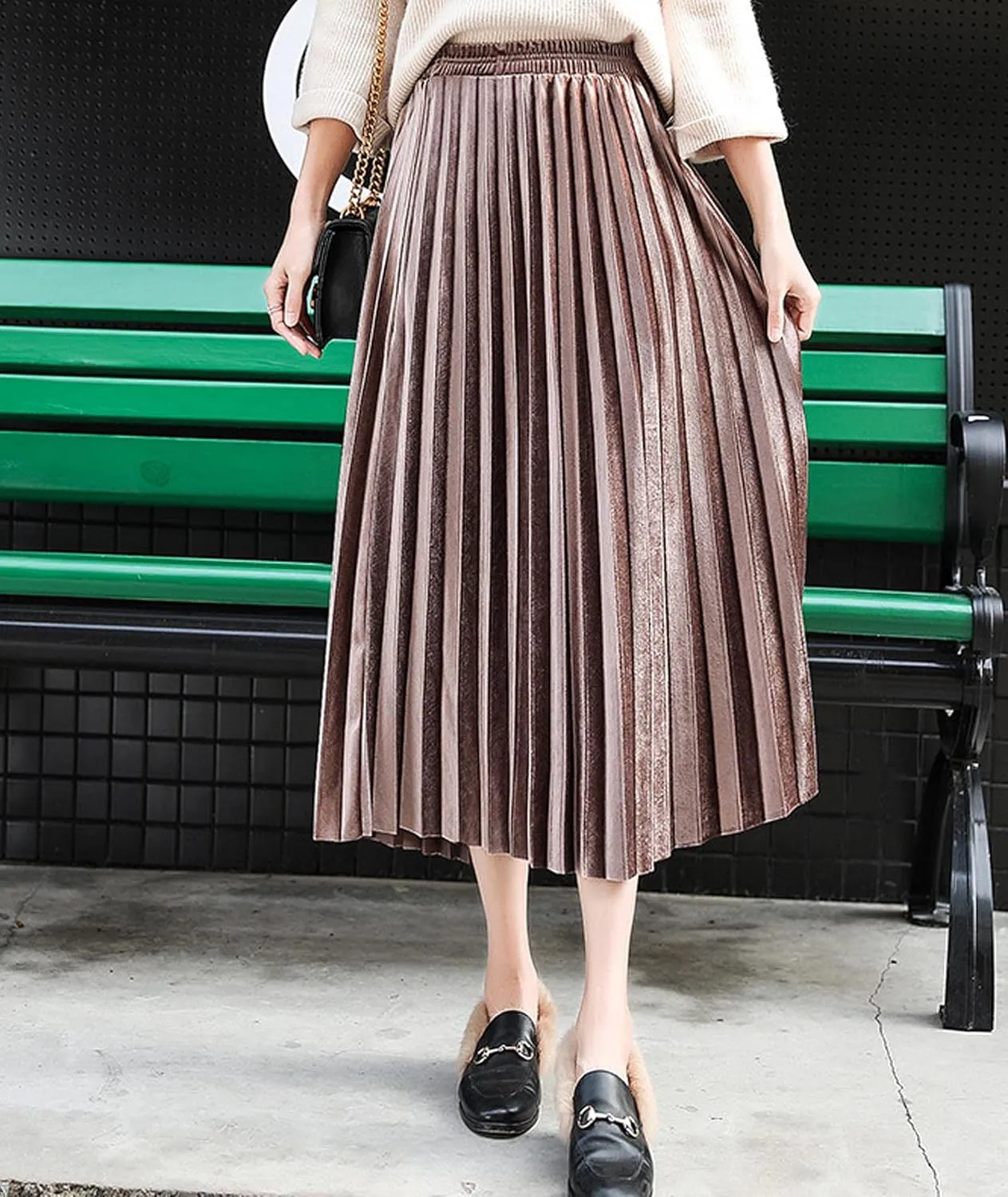 SOMTHRON Women's Plus Size High Waist Elastic Pleated Skirts Velvet Velour A Line Accordion Swing Midi Long Skirt