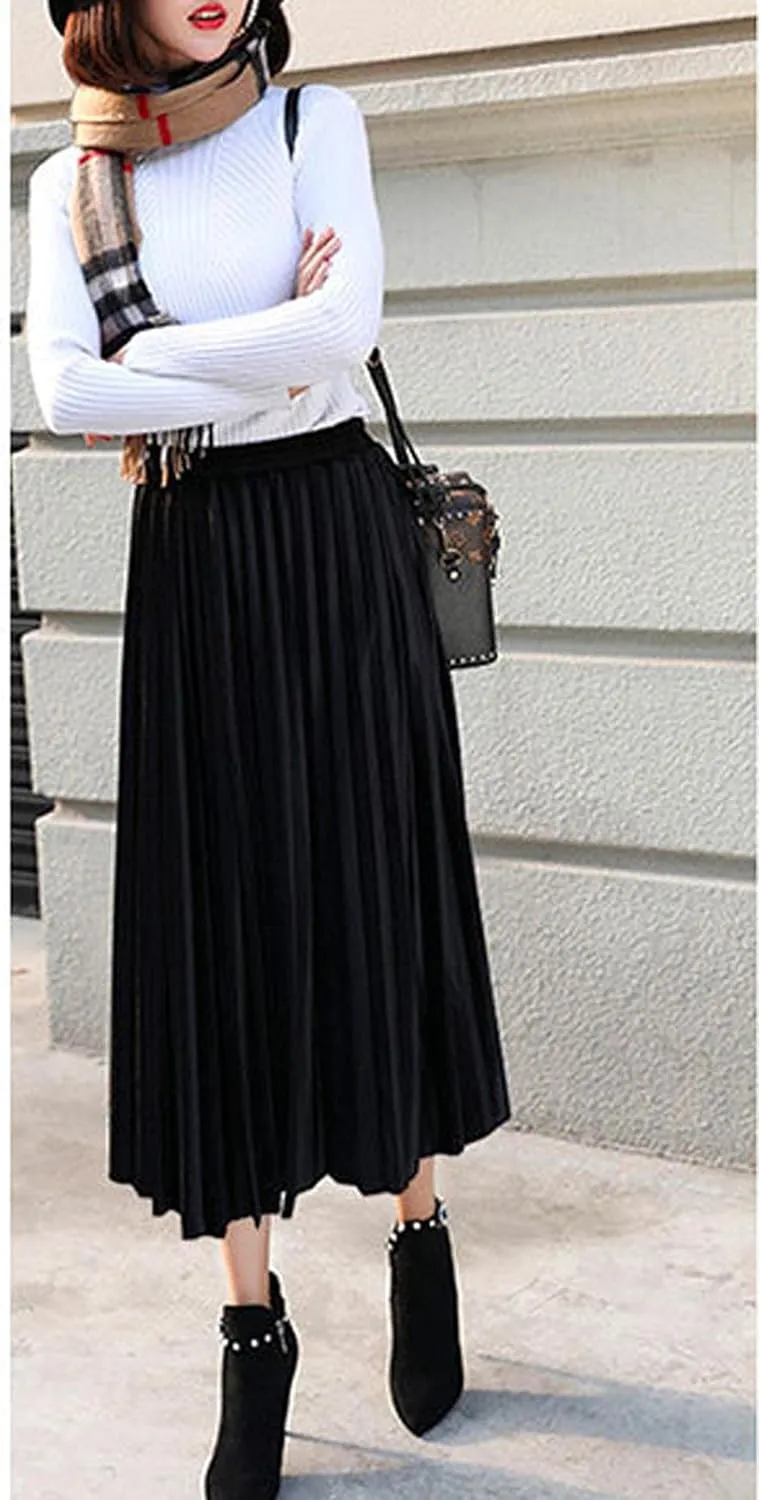 SOMTHRON Women's Plus Size High Waist Elastic Pleated Skirts Velvet Velour A Line Accordion Swing Midi Long Skirt