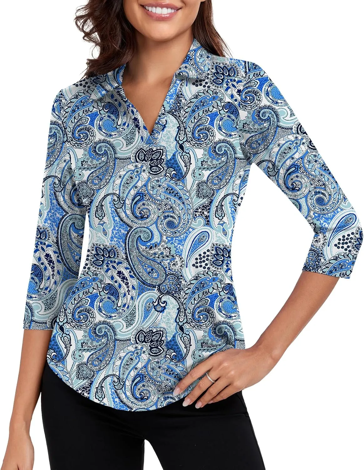 Soneven Womens 3/4 Sleeve Shirts Moisture Wicking Polo Shirts Dressy Casual Office