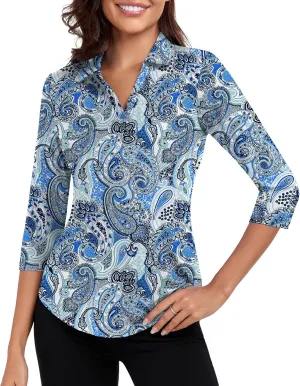 Soneven Womens 3/4 Sleeve Shirts Moisture Wicking Polo Shirts Dressy Casual Office