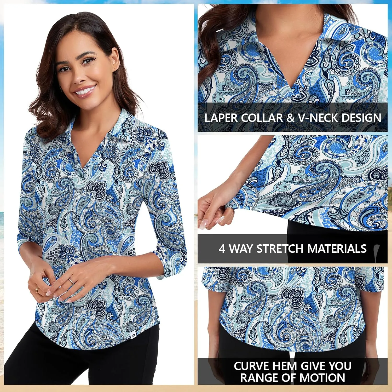 Soneven Womens 3/4 Sleeve Shirts Moisture Wicking Polo Shirts Dressy Casual Office