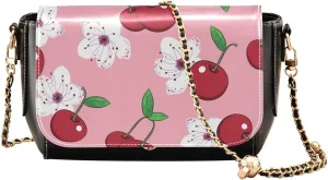 Spring Cherry Blossoms and Berries Crossbody Bags for Women, Trendy Small Shoulder Bag, PU Leather Clutch Purse Underarm Handbag Satchel HandBag with Adjustable Metal Chain