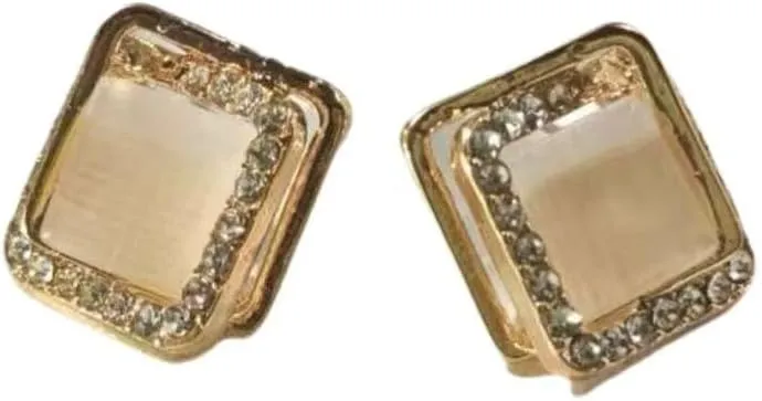 Square Crystal Stud Earrings, Gold-Plated, Rhinestone Geometric Design