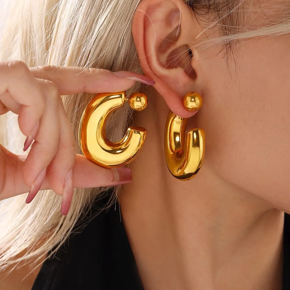 Stainless Steel C Shape Stud Earrings for Women Round Bead Earrings Geometric Thick Chunky Stud Earrings Minimalist Half Hoop Earrings Jewelry