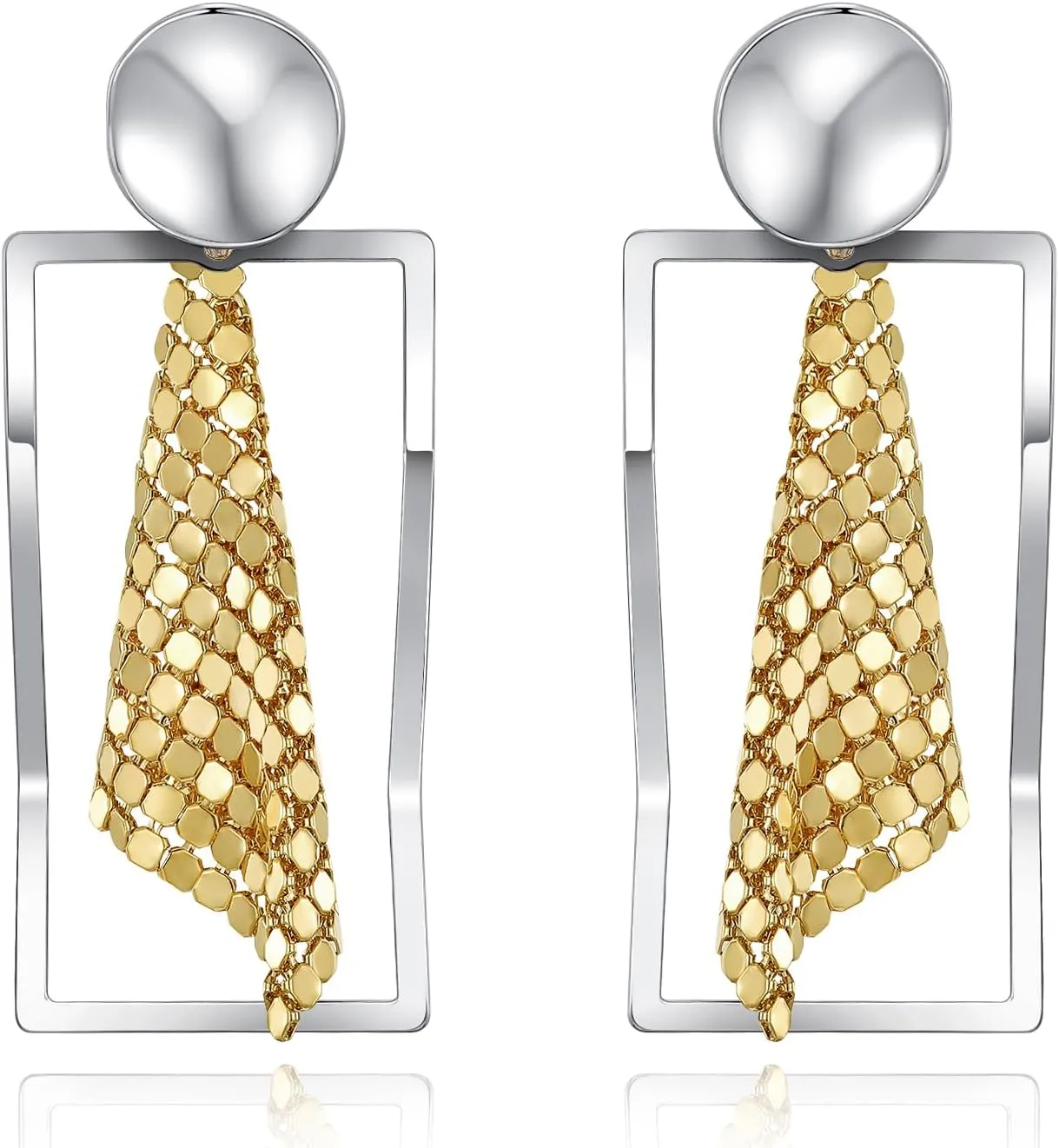 Statement Dangle Earrings - 14K Gold-Plated Metal Mesh Grid Sequins Tassel Rectangular Openwork S925 Post Retro Earring