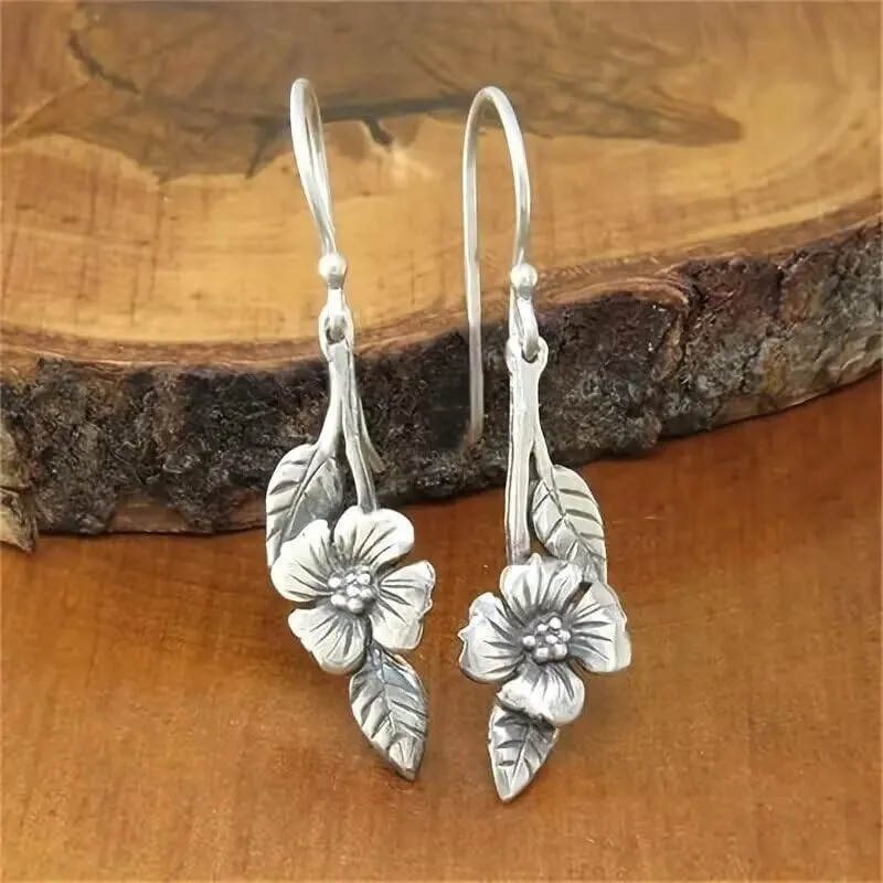 Sterling Silver Vintage Leaf and Flower Earrings - Dual-Tone Long Dangle EarringsJH25-23CSXPI5A03 Minimalist Retro StyleSilver