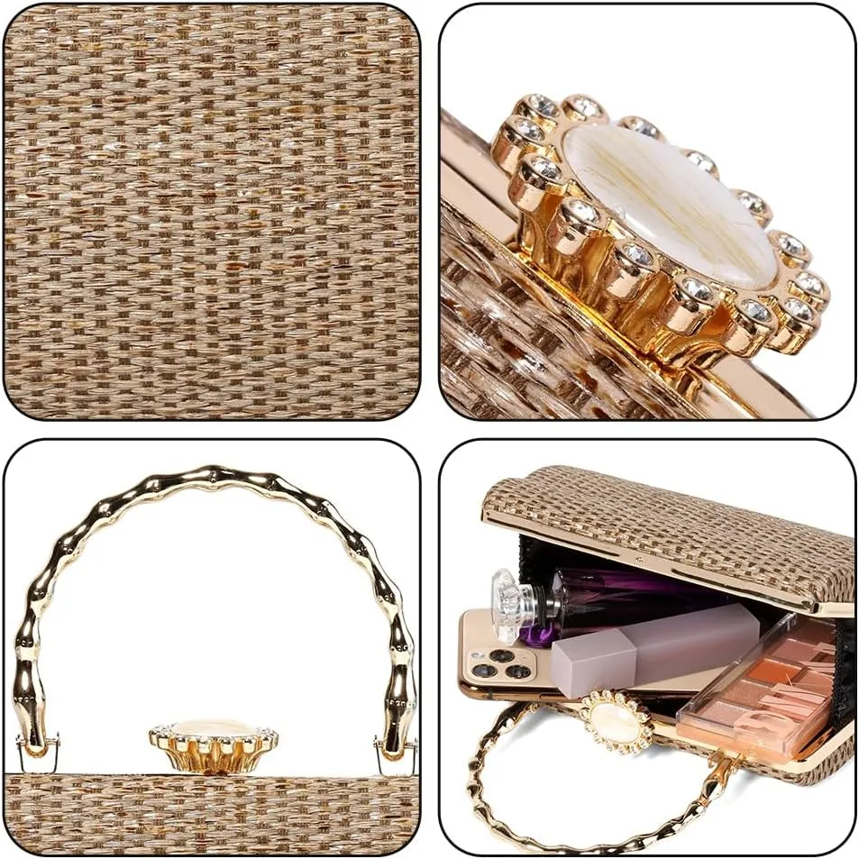 Straw Clutch Purse for Women Woven Evening Handbag Shoulder Bag for Cocktail Parties Weddings Proms