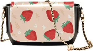 Strawberries Leaves and Flowers Crossbody Bags for Women, Trendy Small Shoulder Bag, PU Leather Clutch Purse Underarm Handbag Satchel HandBag with Adjustable Metal Chain