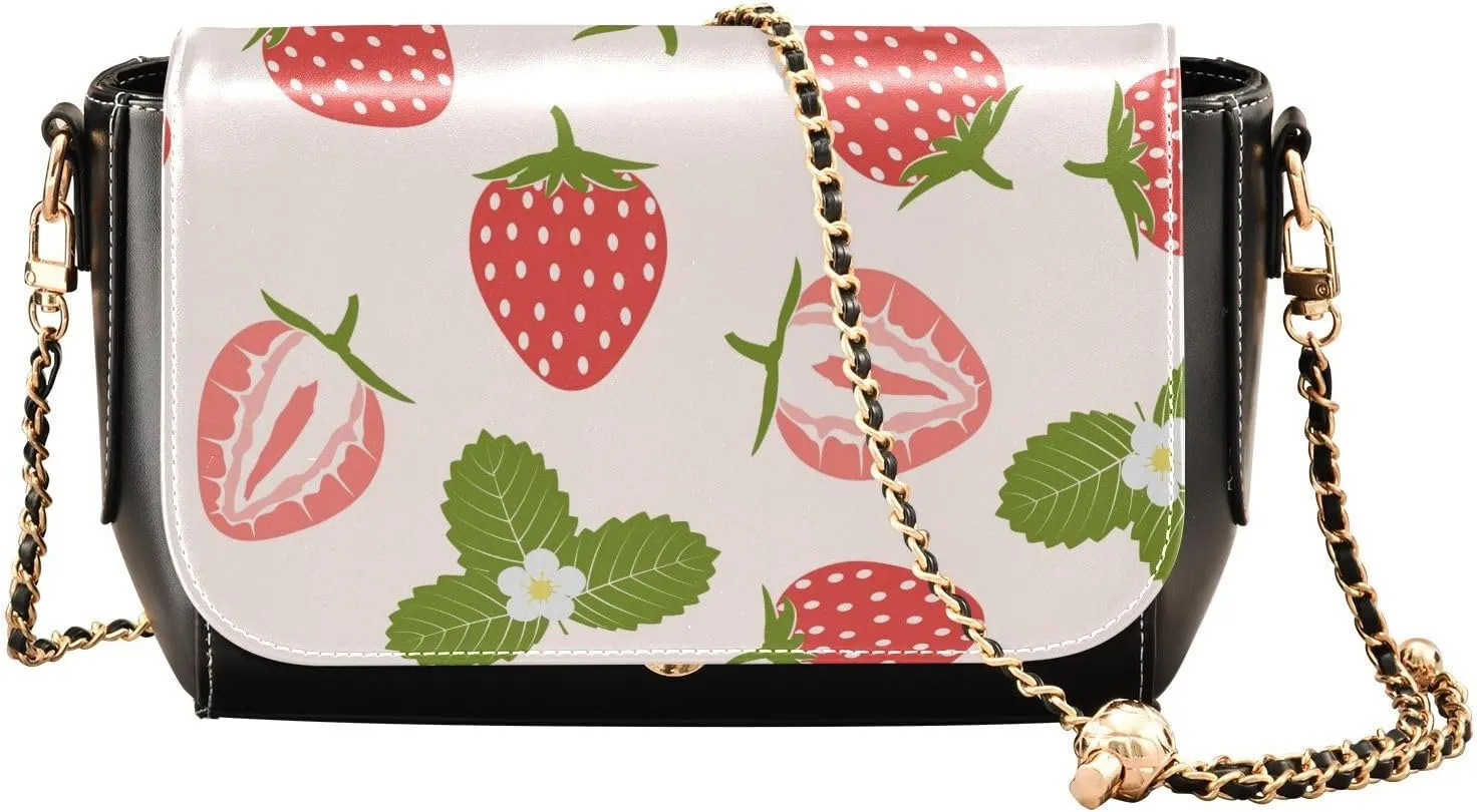 Strawberry Flowers with Leaves Crossbody Bags for Women, Trendy Small Shoulder Bag, PU Leather Clutch Purse Underarm Handbag Satchel HandBag with Adjustable Metal Chain