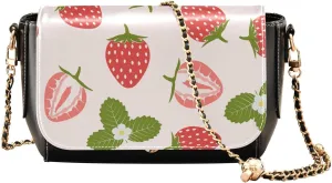 Strawberry Flowers with Leaves Crossbody Bags for Women, Trendy Small Shoulder Bag, PU Leather Clutch Purse Underarm Handbag Satchel HandBag with Adjustable Metal Chain