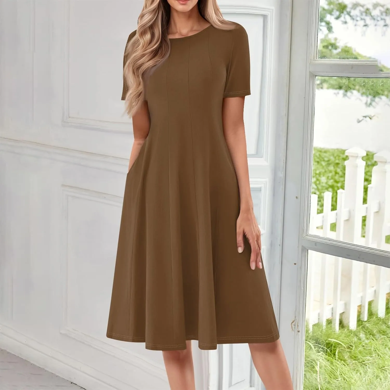 Summer Dresses for Women 2025 Beach Vacation Spring Clothes Short Sleeve Round Neck Fashion Midi Dress