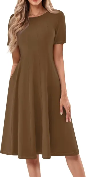 Summer Dresses for Women 2025 Beach Vacation Spring Clothes Short Sleeve Round Neck Fashion Midi Dress