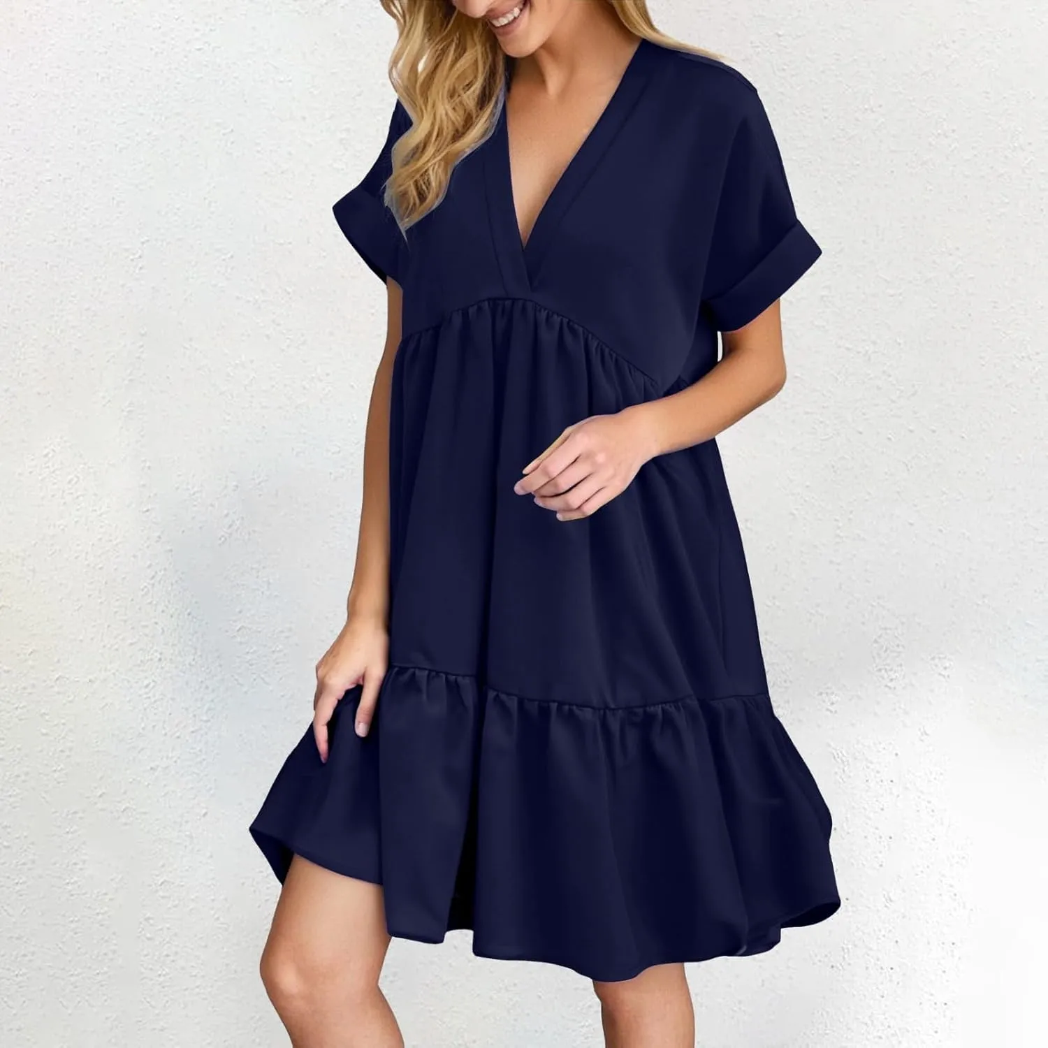 Summer Dresses for Women 2025 Casual Short Sleeve V Neck Mini Dress Cute Flowy Pleated Ruffle Beach Vacation Sundress
