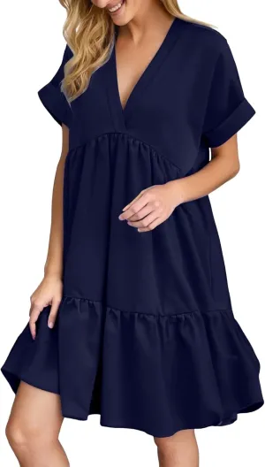 Summer Dresses for Women 2025 Casual Short Sleeve V Neck Mini Dress Cute Flowy Pleated Ruffle Beach Vacation Sundress