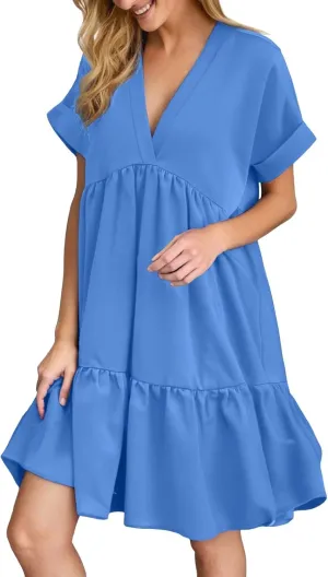 Summer Dresses for Women 2025 Casual Short Sleeve V Neck Mini Dress Cute Flowy Pleated Ruffle Beach Vacation Sundress