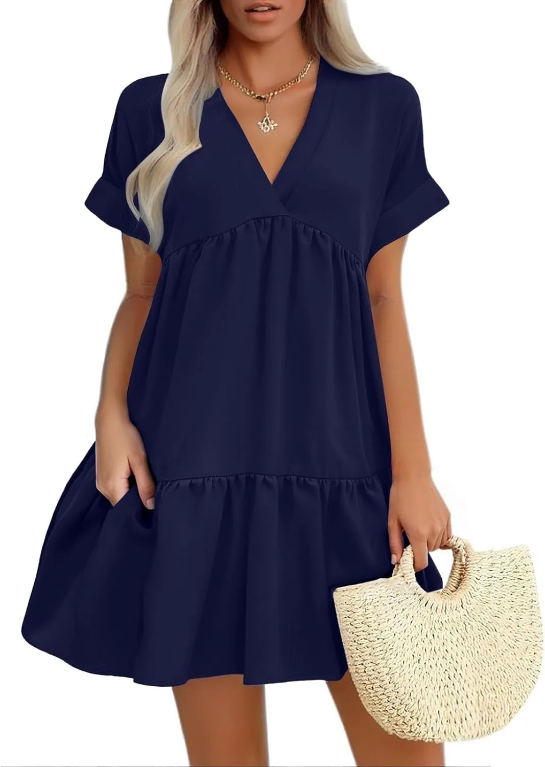 Summer Dresses for Women 2025 Casual Short Sleeve V Neck Mini Dress Cute Flowy Pleated Ruffle Beach Vacation Sundress