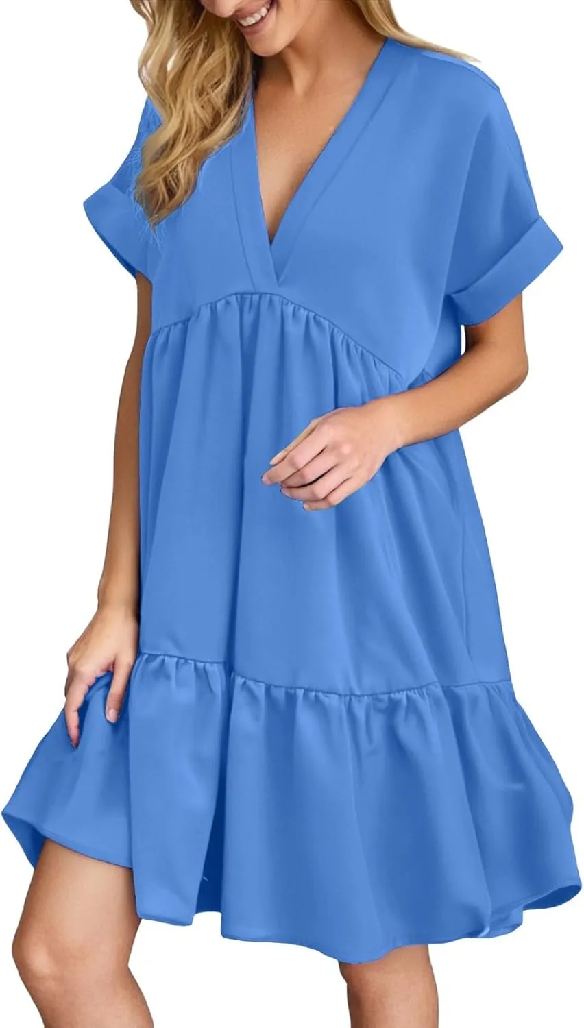 Summer Dresses for Women 2025 Casual Short Sleeve V Neck Mini Dress Cute Flowy Pleated Ruffle Beach Vacation Sundress