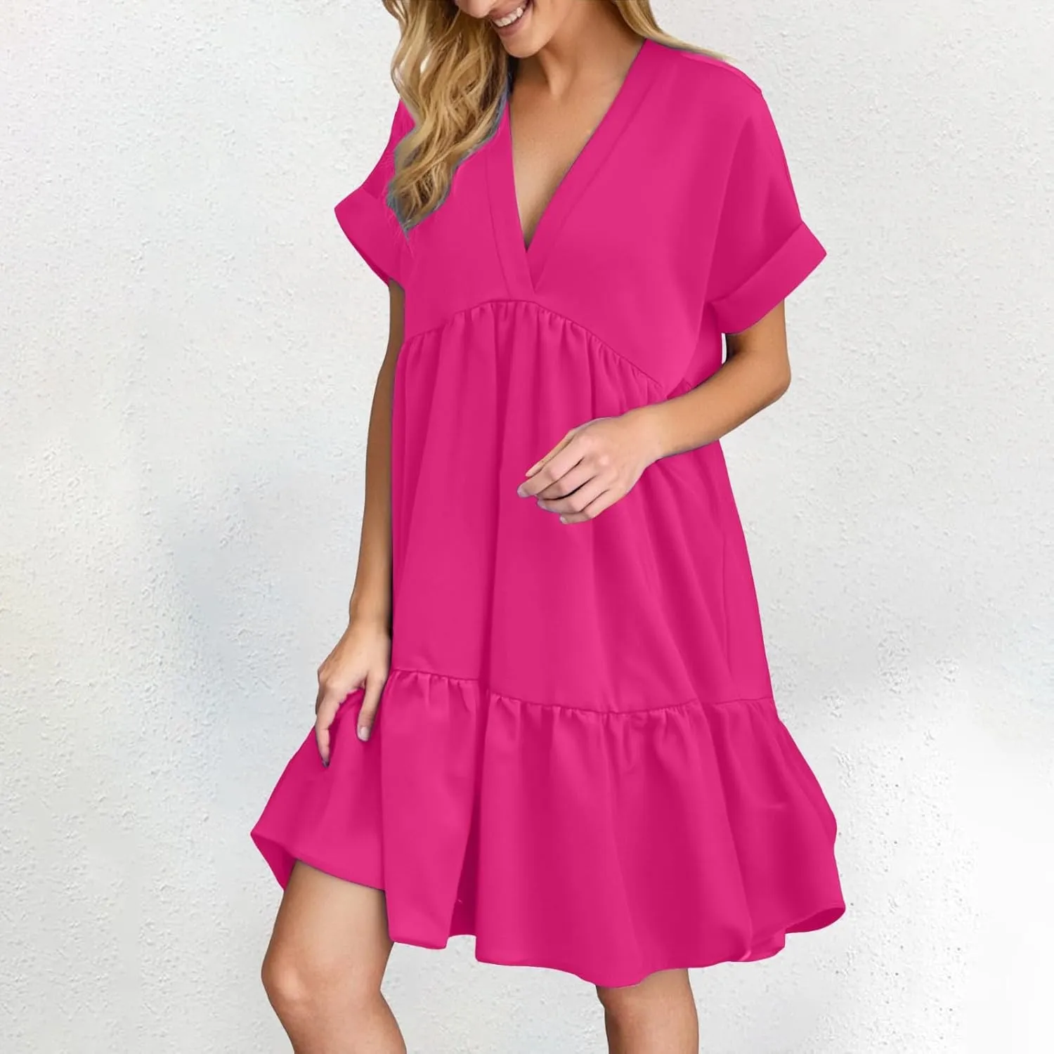 Summer Dresses for Women 2025 Casual Short Sleeve V Neck Mini Dress Cute Flowy Pleated Ruffle Beach Vacation Sundress
