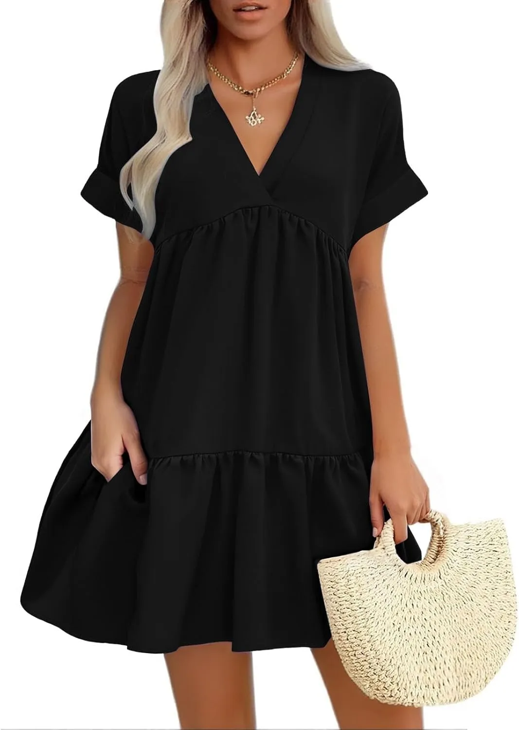 Summer Dresses for Women 2025 Casual Short Sleeve V Neck Mini Dress Cute Flowy Pleated Ruffle Beach Vacation Sundress