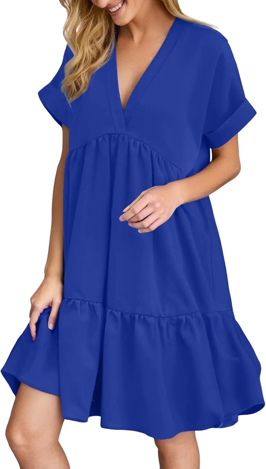 Summer Dresses for Women 2025 Casual Short Sleeve V Neck Mini Dress Cute Flowy Pleated Ruffle Beach Vacation Sundress