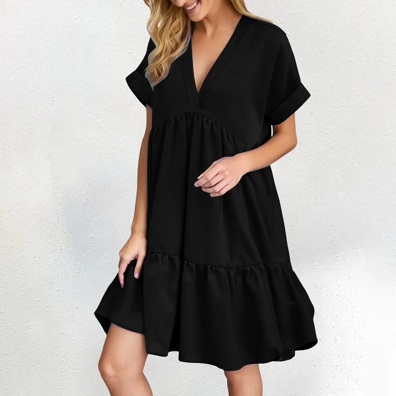 Summer Dresses for Women 2025 Casual Short Sleeve V Neck Mini Dress Cute Flowy Pleated Ruffle Beach Vacation Sundress