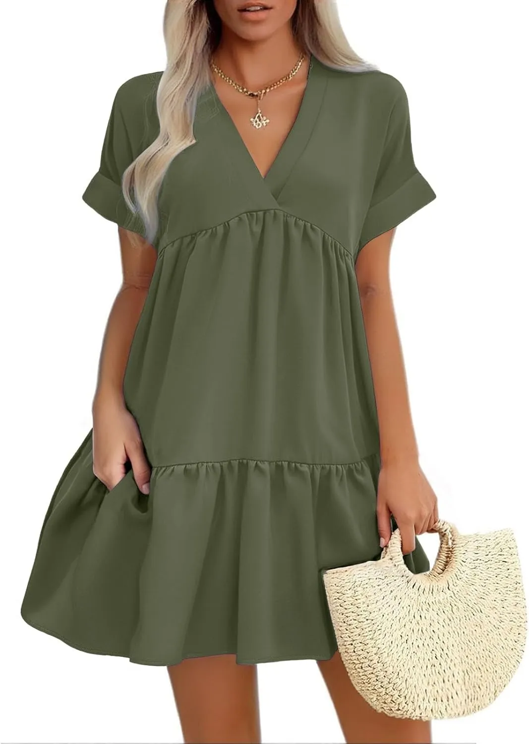 Summer Dresses for Women 2025 Casual Short Sleeve V Neck Mini Dress Cute Flowy Pleated Ruffle Beach Vacation Sundress