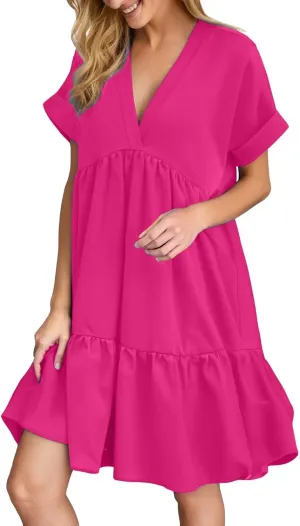 Summer Dresses for Women 2025 Casual Short Sleeve V Neck Mini Dress Cute Flowy Pleated Ruffle Beach Vacation Sundress