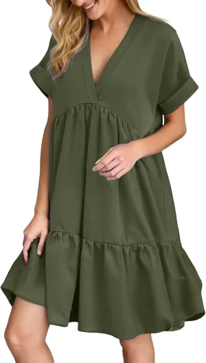 Summer Dresses for Women 2025 Casual Short Sleeve V Neck Mini Dress Cute Flowy Pleated Ruffle Beach Vacation Sundress