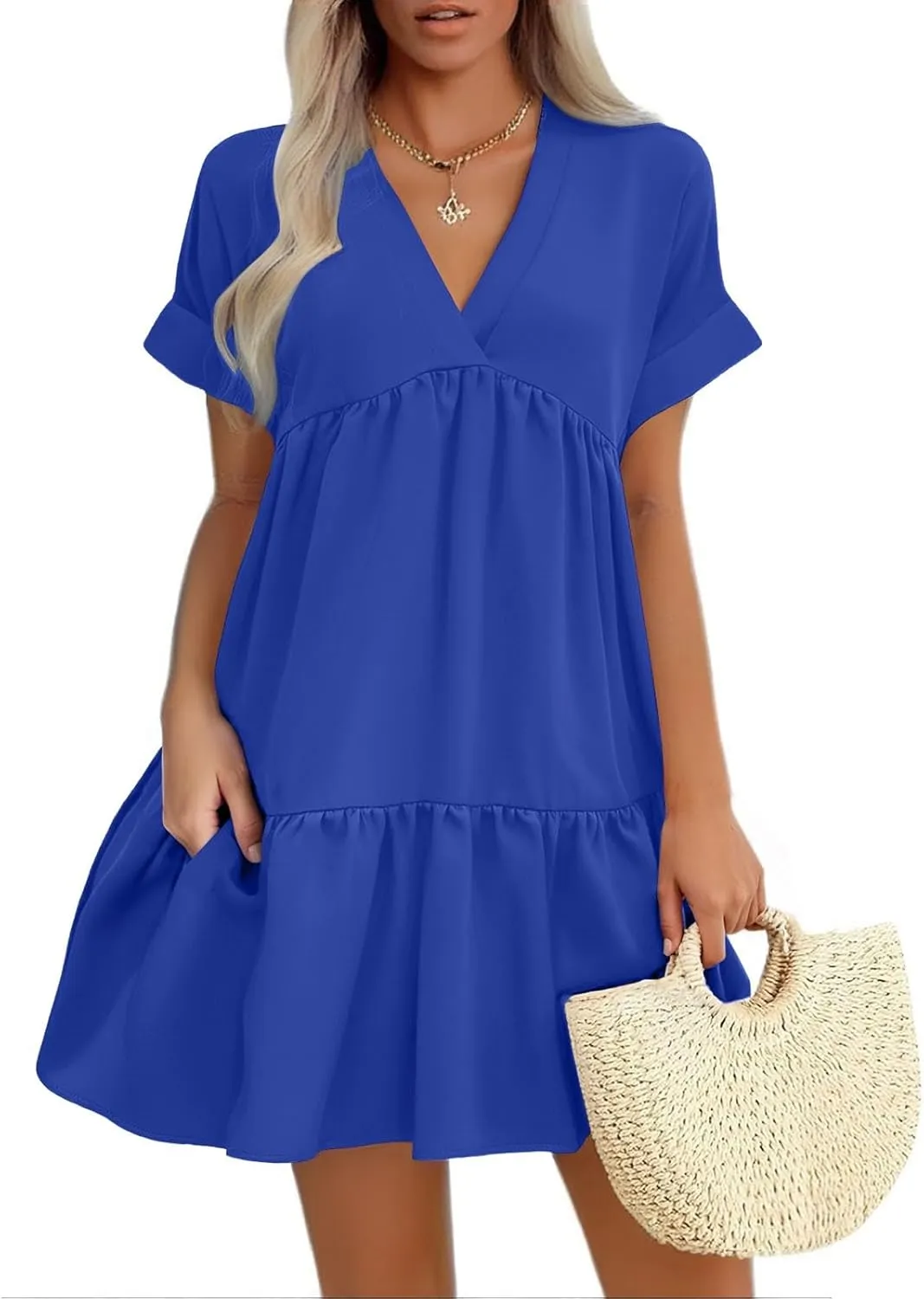 Summer Dresses for Women 2025 Casual Short Sleeve V Neck Mini Dress Cute Flowy Pleated Ruffle Beach Vacation Sundress