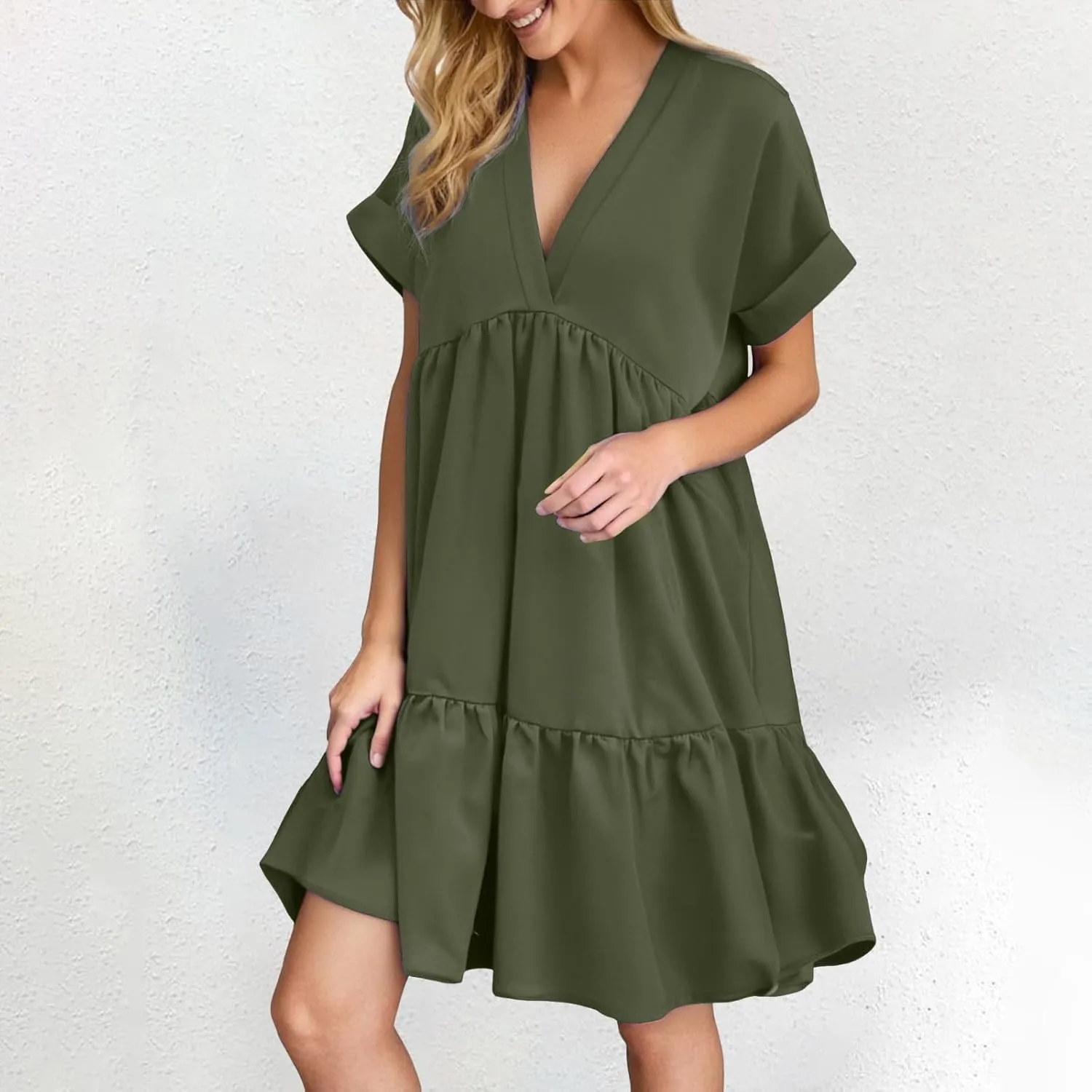 Summer Dresses for Women 2025 Casual Short Sleeve V Neck Mini Dress Cute Flowy Pleated Ruffle Beach Vacation Sundress