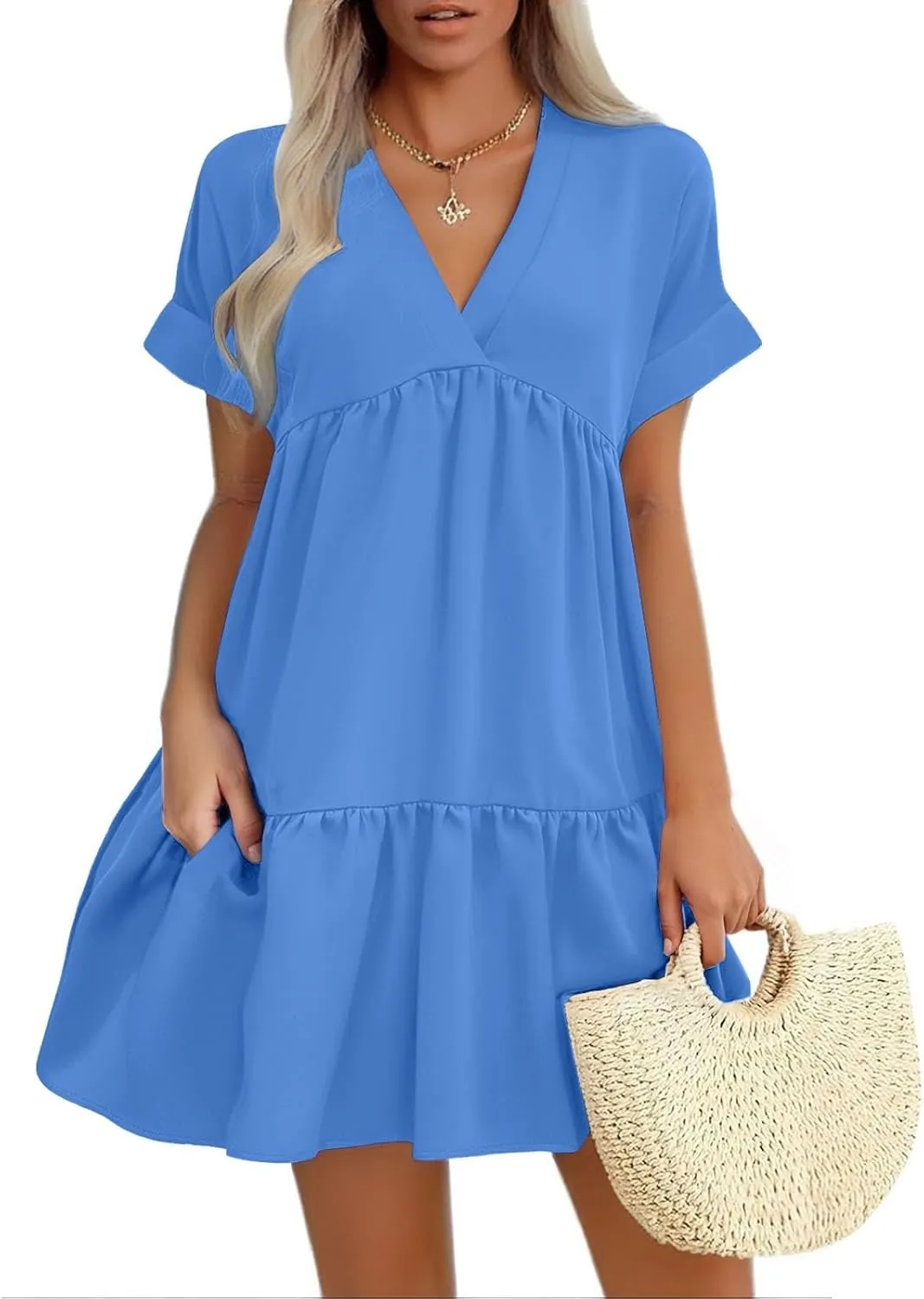 Summer Dresses for Women 2025 Casual Short Sleeve V Neck Mini Dress Cute Flowy Pleated Ruffle Beach Vacation Sundress