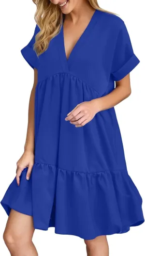 Summer Dresses for Women 2025 Casual Short Sleeve V Neck Mini Dress Cute Flowy Pleated Ruffle Beach Vacation Sundress